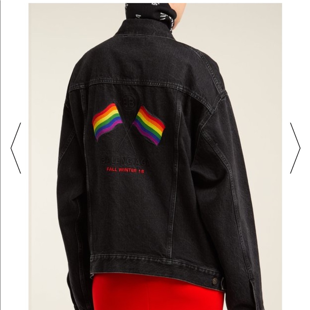 Balenciaga rainbow flag embroidered denim jacket.